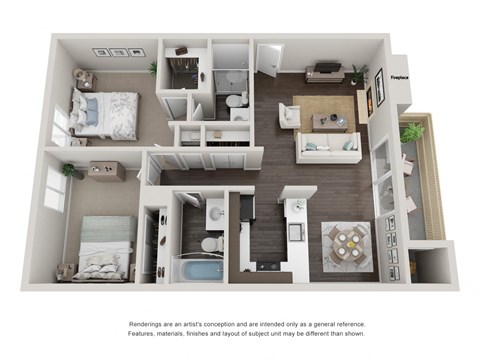 The Elm 2 bedroom 2 bathroom Floor Plan with 960 Square Feet at Willow Grove Apartments, Sacramento California 